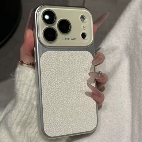 iPhone 16/17 Series Stylish Leather Texture Logo Case