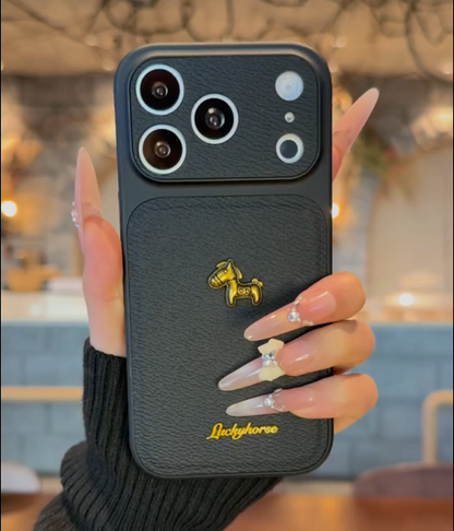 iPhone 17 Series Stylish 3D Golden Horse Letter Litchi Pattern Case