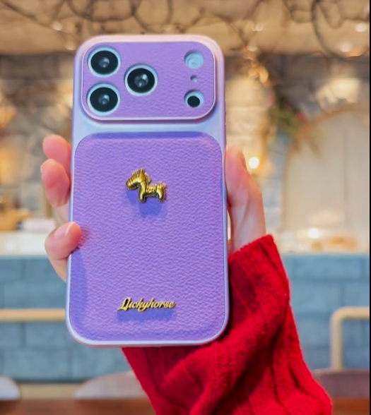 iPhone 17 Series Stylish 3D Golden Horse Letter Litchi Pattern Case