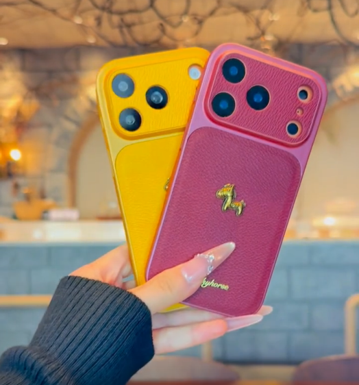 iPhone 17 Series Stylish 3D Golden Horse Letter Litchi Pattern Case