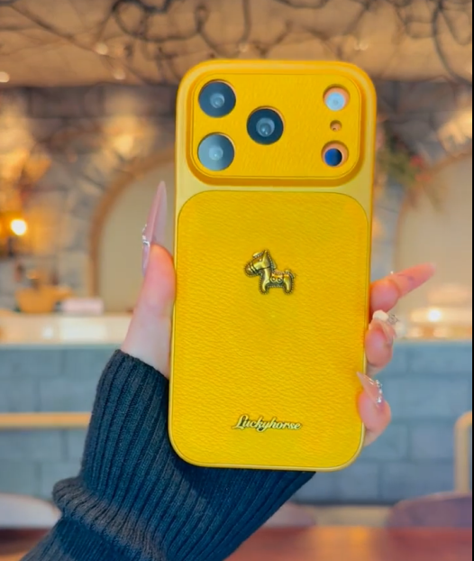 iPhone 17 Series Stylish 3D Golden Horse Letter Litchi Pattern Case