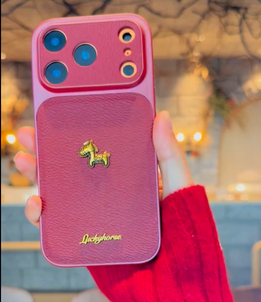 iPhone 17 Series Stylish 3D Golden Horse Letter Litchi Pattern Case