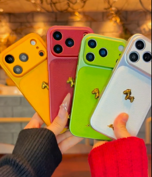 iPhone 17 Series Stylish 3D Golden Horse Letter Litchi Pattern Case