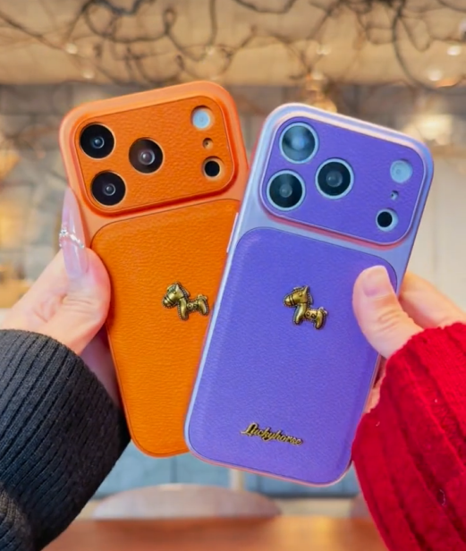 iPhone 17 Series Stylish 3D Golden Horse Letter Litchi Pattern Case