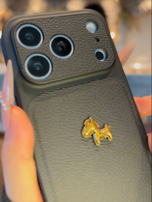 iPhone 17 Series Stylish 3D Golden Horse Letter Litchi Pattern Case