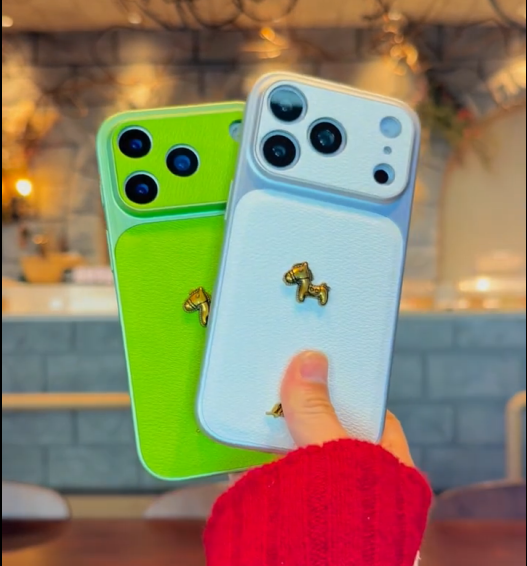 iPhone 17 Series Stylish 3D Golden Horse Letter Litchi Pattern Case